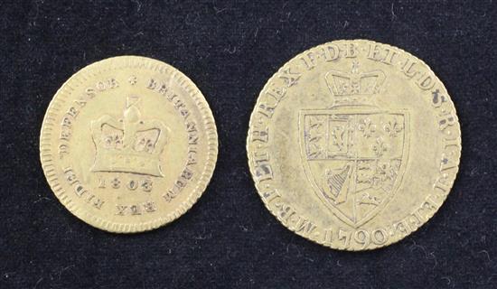 A George III gold half guinea, 1790, & a George III gold third guinea